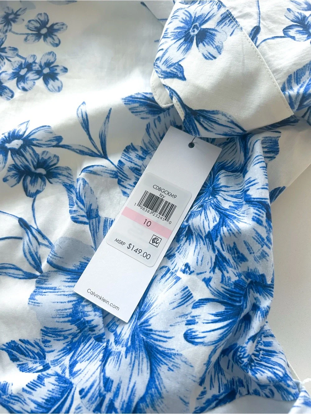 Calvin Klein Floral Cotton Midi Dress Blue White Belted Fit & Flare Size 10 NWT - Picture 15 of 15